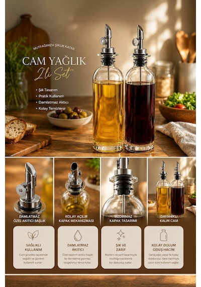 Porsima 3890-1 Gümüş Sızdırmaz Kapaklı Cam 2 Li Yağlık Sirkelik Yağdanlık Seti 500+500 Ml Şeffaf- Gümüş