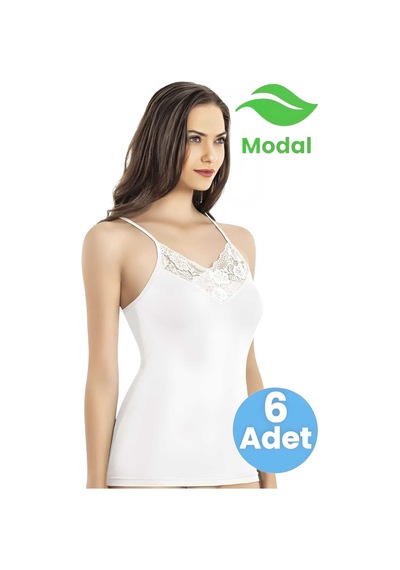 Tezzgelsin Kadın 6'lı V Yaka Dantel Detaylı İp Askılı Modal Atlet Beyaz