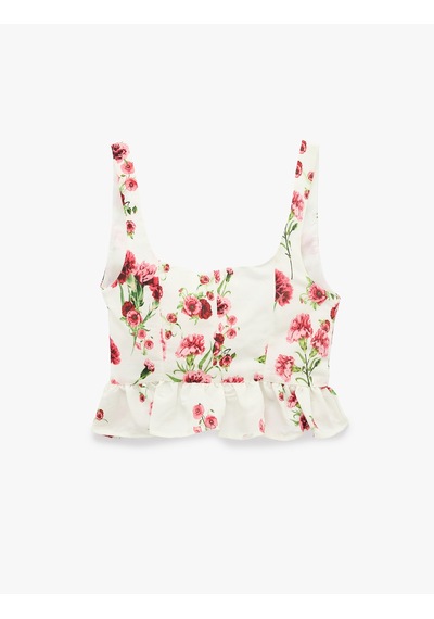 Koton Viskon Kumaş Slim Fit Kare Yaka Kalın Askılı Çiçekli Crop Bluz Pembe Desenli 6sak30099ew