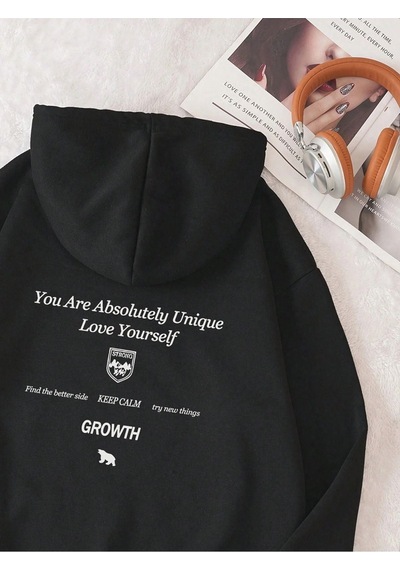 Growth Keep Calm Sweatshirt - Siyah Baskılı Oversize Kalın Kışlık Kapüşonlu Siyah