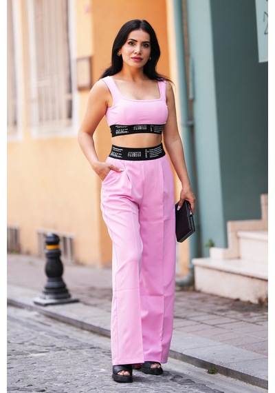 Canım Kendim Store Pembe Lastik Detaylı Crop Ve Lastik Detay Pantolon İkili Takım Pembe