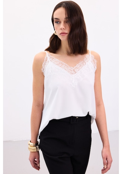 Sateen Dantel Detaylı Askılı Bluz - Ekru-136875 Ekru