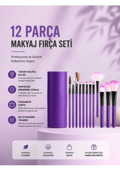 12'li Makyaj Fırça Seti Yumuşak Kıllı Profesyonel Kullanıma Uygun 04076140