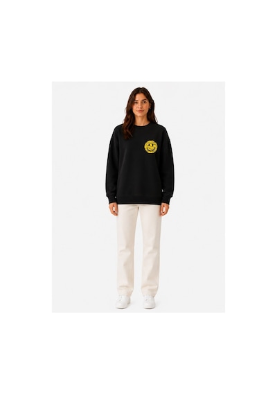 Herkesemoda Emoji Baskı Detaylı Şardonlu 2 İplik Bisiklet Yaka Sweatshirt Siyah