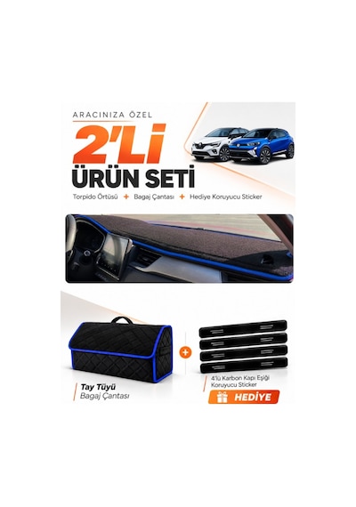 E-biz Renault Captur 2 2019-2024 Uyumlu Torpido Örtüsü + Tay Tüyü Çanta - Siyah-mavi - Re036