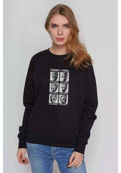 I Am Groot To Day Feel Baskılı Siyah Kadın Sweashirt