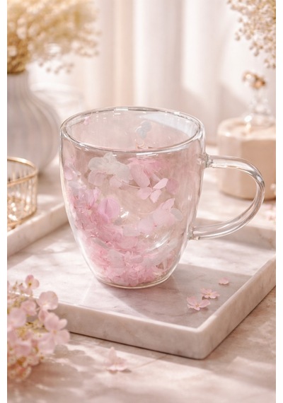 Makri Home Pembe Beyaz Çiçekli Çift Cidarlı Cam Kupa, 350 Ml, 11 Cm X 8 Cm Çok Renkli