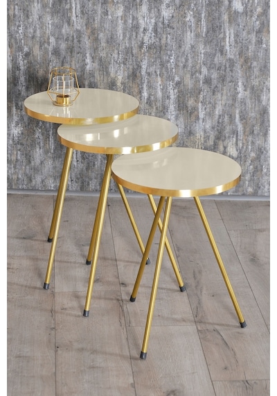 Zigon Sehpa 3'Lü Gold Metal Ayak Krem Gold