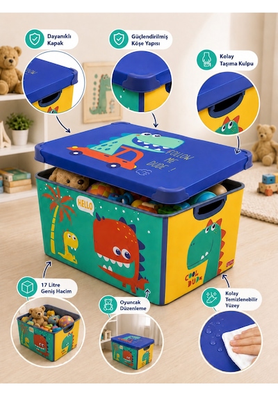 Style Box Dude Dekoratif Oyuncak Kutu Seti - 2x 17 Litre Gri Çok Renkli