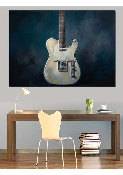 Mavi Fondaki Klasik Beyaz Gitar Dekoratif Kanvas - Mdf Ahşap Tablo