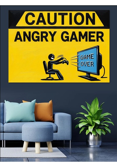 Sinirli Oyuncu Gamer Uyarı Levhası Dekoratif Kanvas - Mdf Ahşap Tablo