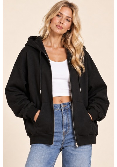 Cool Tarz Unisex Oversize Fermuarlı Kapüşonlu Sweatshirt 3 İplik Şardonlu Siyah Siyah