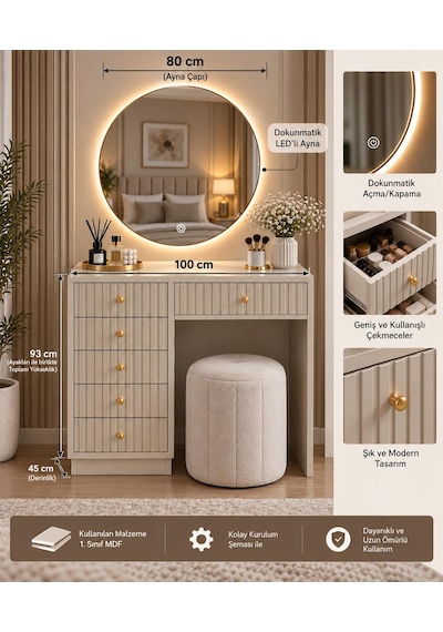 Led Aynalı Çıtalı Çekmeceli Makyaj Masası Bej Led Aynalı Çıtalı Çekmeceli Makyaj Masası Bej