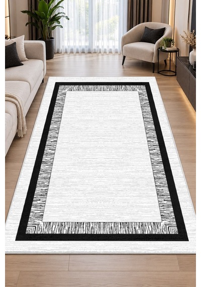Çerçeveli Modern Desen Baskılı Kaymaz Yıkanabilir Halı Yatak Odası Salon Oturma Odası Mutfak Halısı Yolluk Siyah