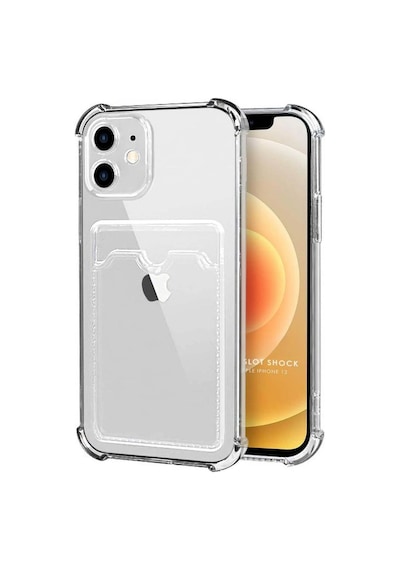 Apple Uyumlu iPhone 12 Kılıf Darbe Emici Köşe Korumalı Kartlıklı Cüzdanlı Silikon Kapak Şeffaf