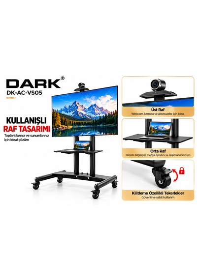 Dark Dk-ac-vs05 52"-110" 100kg Tekerlekli Profesyonel Tv Ve Fuar Standı Kamera & Av Raflı