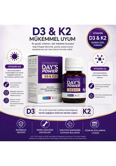 Day's Power D3 & K2 Vitamin Kompleksi 60 Tablet Bağışıklık Ve Kemik Desteği