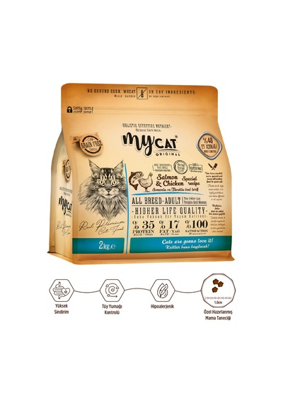 Mycat Az Tahıllı Somon Balıklı ve Tavuk Etli Yetişkin Kedi Maması 2 KG