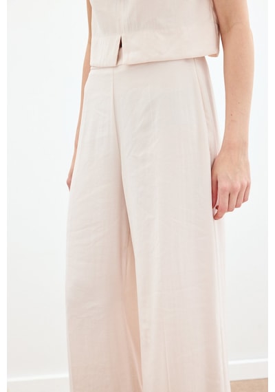 Sateen Yüksek Bel Keten Pantolon - Taş-136161 Taş