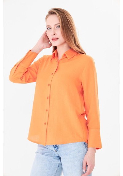 Sortie Collection Uzun Manşetli Keten Gömlek Oranj