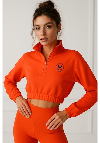 Kadın Açık Fuşya Yarım Fermuarlı Beli Lastikli Crop Sweatshirt Fuşya