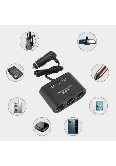 Şüscaroto Aksesuar Üniversal 3'lü Çakmak Soketi 120W Çakmaklık Çoğaltıcı 2 Usb 1 Type-c Araç Şarj Cihazı 12V/24V