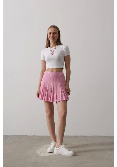 Defymoda Beli Lastikli Mini Etek - Pembe Pembe