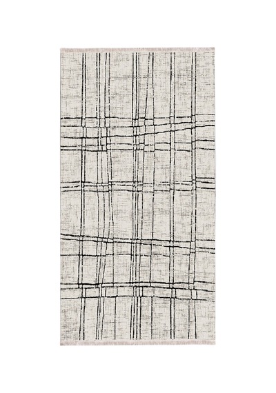 Krem Renk Siyah Çizgi Detaylı Modern Halı Dekoratif Kilim Krem