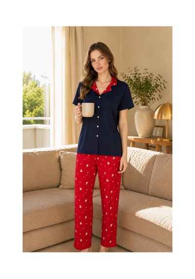 Rindahomewear Kadın Milan Düğmeli Pijama Takım Siyah