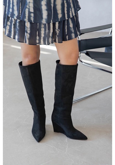 Wolk Shoes Glow Kadın Dolgu Topuk Deri Çizme Siyah Süet - 939907415 Siyah Süet