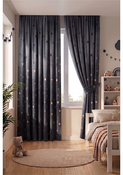 Bebek Çocuk Odası Fon Perdesi Desenli Dekoratif Dijital Baskılı Premium Çocuk Odası Perdesi Gri