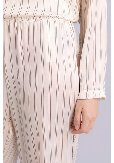 Defacto Çizgili Saten Pijama Takımı Üst Alt G0227ax26sper99 Ekru-er99