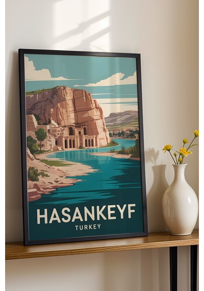 Hasankeyf Tablo - Retro Travel Poster - Batman Şehir Serisi Duvar Dekoru - Çerçeveli İllüstrasyon Siyah