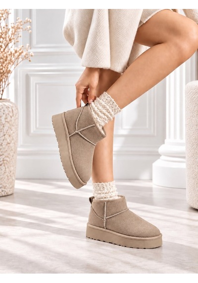 Dabab Shoes Kardelen Kadın Bej Lüks Süet İçi Kürklü Sıcak Astarlı 5 Cm Kalın Tabanlı Kısa Bot Kar Botu