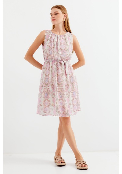 Bigdart 2501 Desenli Sıfır Kol Şifon Elbise - Pembe 001