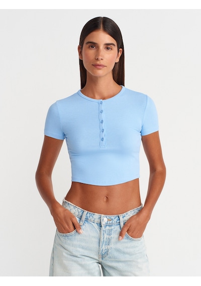 Dilvin 31647 Düğme Detaylı Crop Top-mavi Mavi