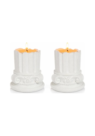 Antik Roma Sütun Tealight Mumluk Seti, Beyaz, Taş Tozu, 10 Cm, Vintage Stil, 2'li Set Diğer
