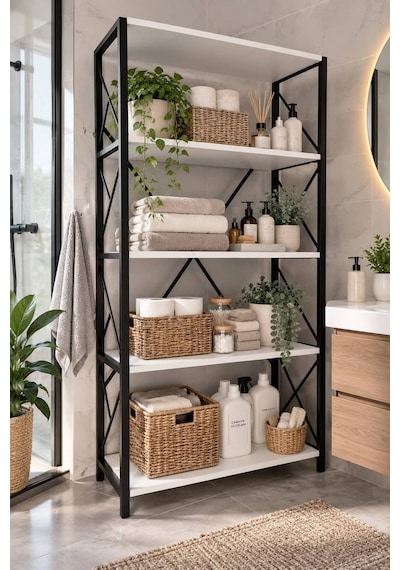 Amores Metal Banyo Rafı Ünite 5 Raflı Banyo Düzenleyici Raf Deterjan Havlu Rafı Beyaz
