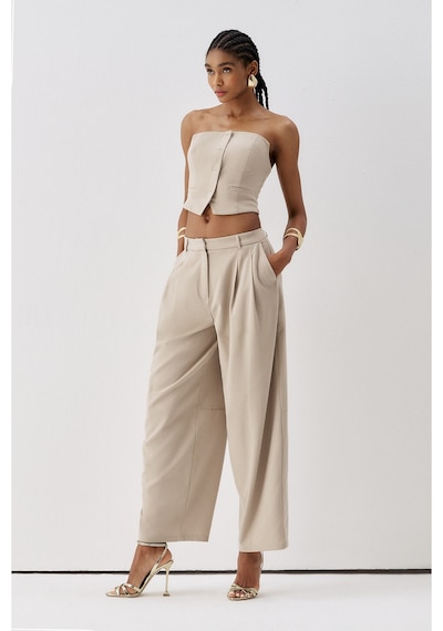 Sagaza Studio Ss6168 Pileli Cep Detaylı Bol Pantolon Bej
