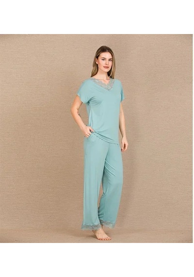 Ang Butik Kadın Viskon Şık Tasarım Dantel İşlemeli Mint Yeşil Kısa Kol Pijama Takımı Nane Mint