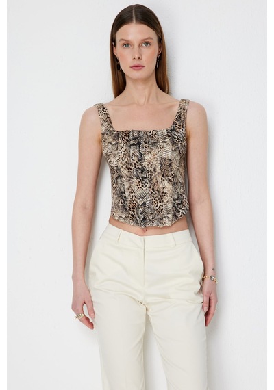 Ekol Kadın Kalın Askılı Korseli Crop Bluz 2062 Leopar LEOPAR