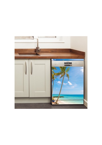 Tropikal Sahil Ve Palmiye Bulaşık Makinesi Kaplama Sticker Kendinden Yapışkanlı Folyo 75x75 Cm