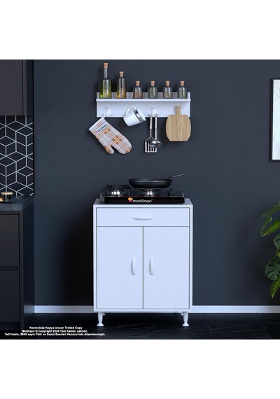 Modilayn Birce M Set Ocak Altı Dolabı 60x88x56 Cm Tüp Bölmeli Ve Üst Baharat Raflı Beyaz