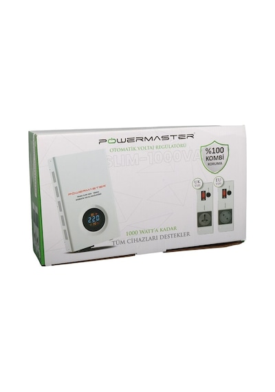 Powermaster Slım-1000 Otomatik 1000va Kombi Voltaj Regülatörü İngiliz Fişli Ve Evrensel Çoklu Soketli