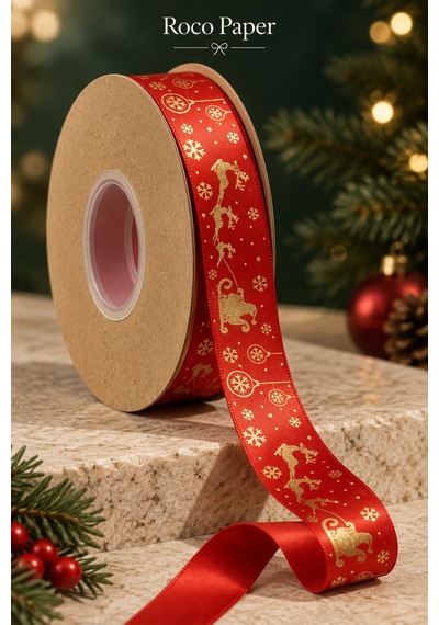 Yılbaşı Geyik Temalı Kırmızı Kurdele, 22 Metre-2.5 Cm, Saten Hedi Diğer