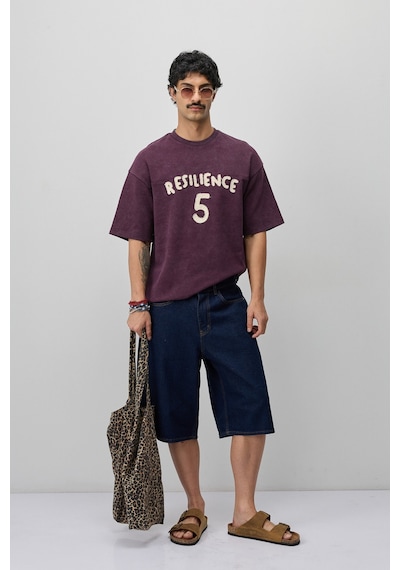 Vamos Oversize Baskılı Tişört V70-188 Bordo