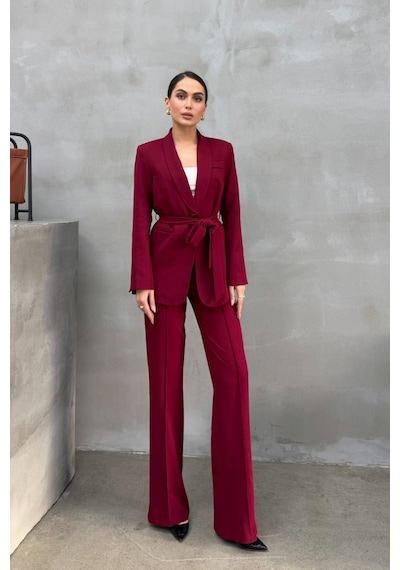 Msm Fashion Kadın İkili Kuşaklı Blazer Ceket Pantolon Takım Bordo
