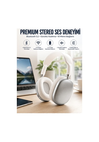 Astraltech P9 Plus Kablosuz Kulak Üstü Bluetooth Kulaklık Beyaz Yüksek Ses Kaliteli