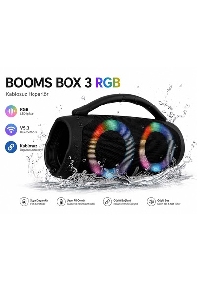Booms Box3 Rbg Hoparlör Süper Bass Bluetooth Fm Radyo Udb Aux Tf Kart Desteği Renkli Led Işıklı 2 Hoparlörlü 5.3 Bluetooth Su Dayanıklı Taşınabilir