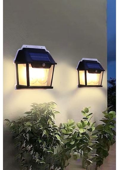 Sensörlü Rustik 2 Ampullu Güneş Enerjili Bahçe Balkon Teras Aydınlatması Lambası Solar Aplik Armatür